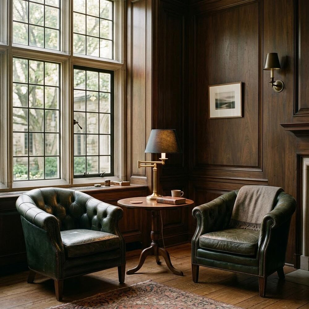 Two leather armchairs beside a tall window in a wood-paneled study