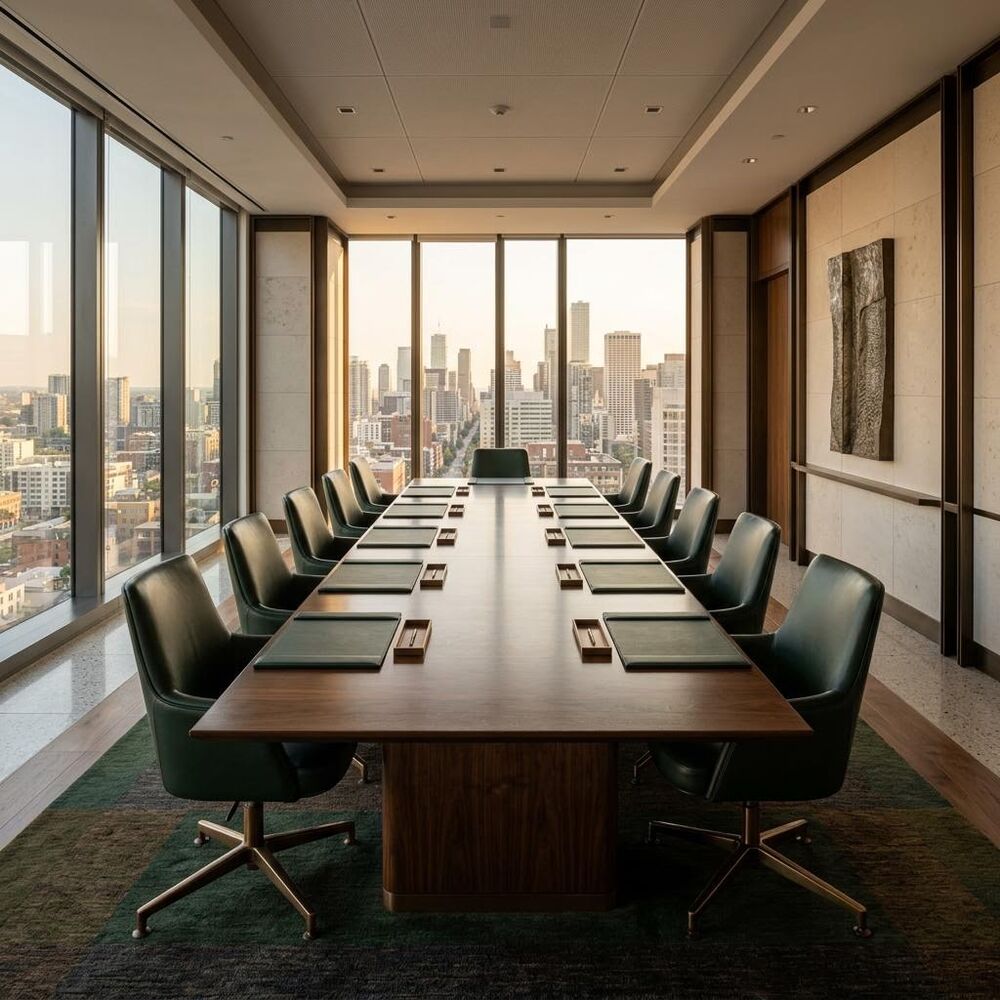Boardroom with a long conference table and floor-to-ceiling windows overlooking a city skyline
